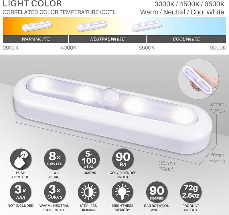 STAR-SPANGLED 3 Pack 7” Dimmable Push Tap Lights, Stick on LED Touch Lights AAA Battery Operated for Kitchen, Closet, Under Cabinet, 3 Color Modes - Image 3